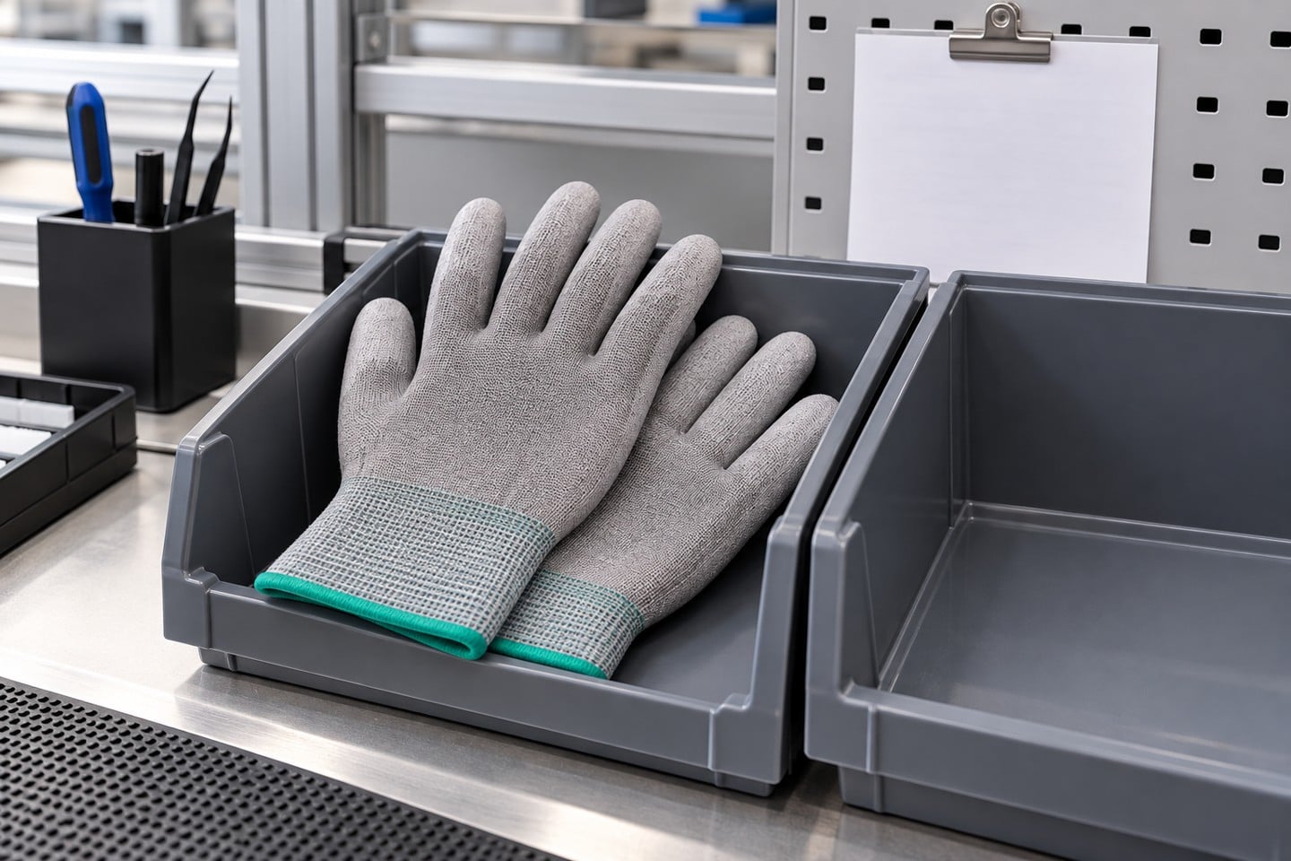 Grey knit gloves in an issue bin beside a separate empty bin