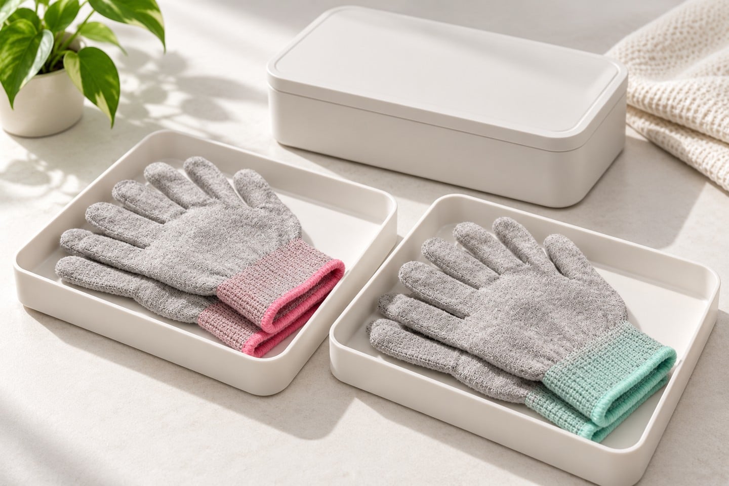 Gray SWESD gloves separated in clean specimen trays
