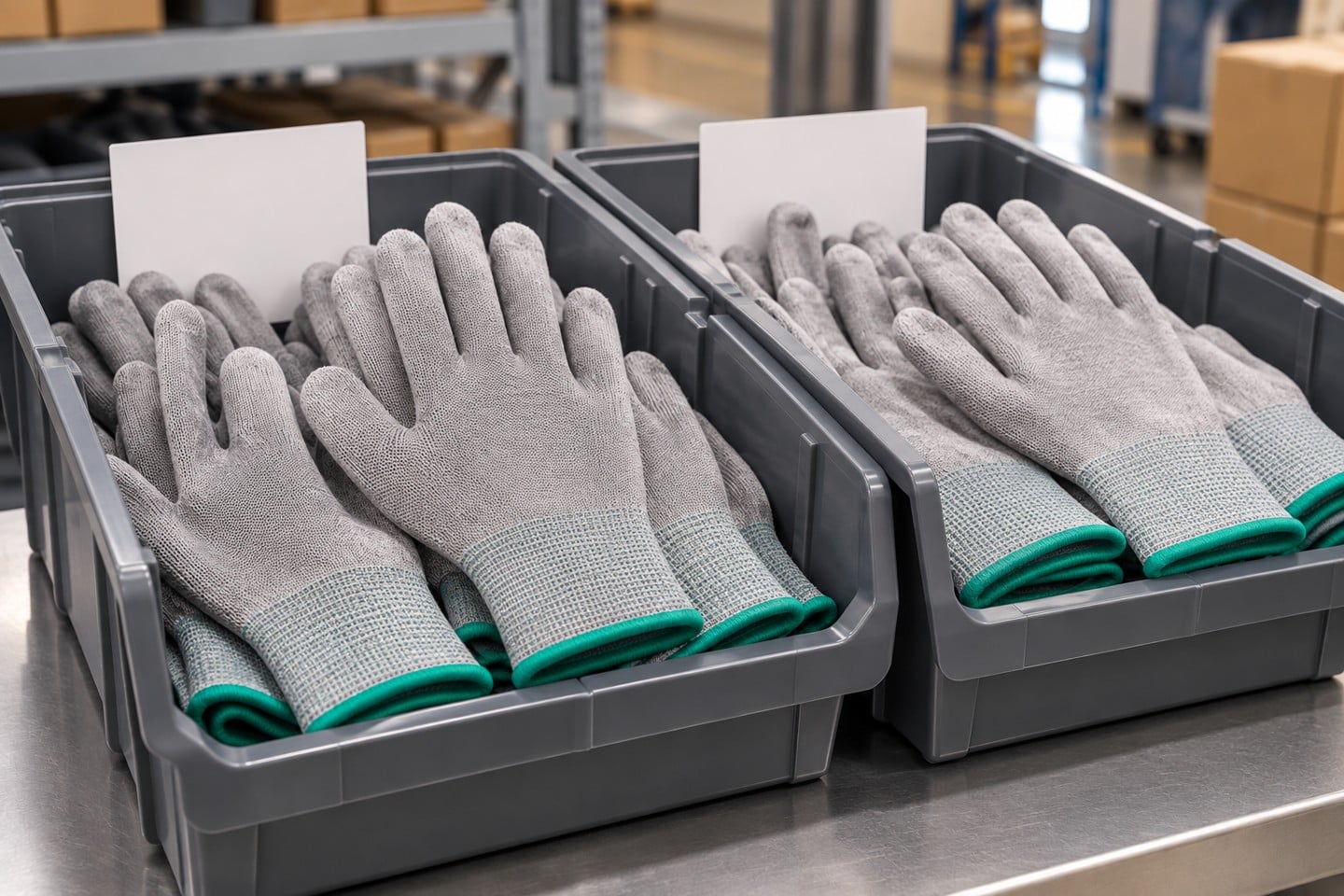 Separate bins of grey knit gloves beside blank stock cards