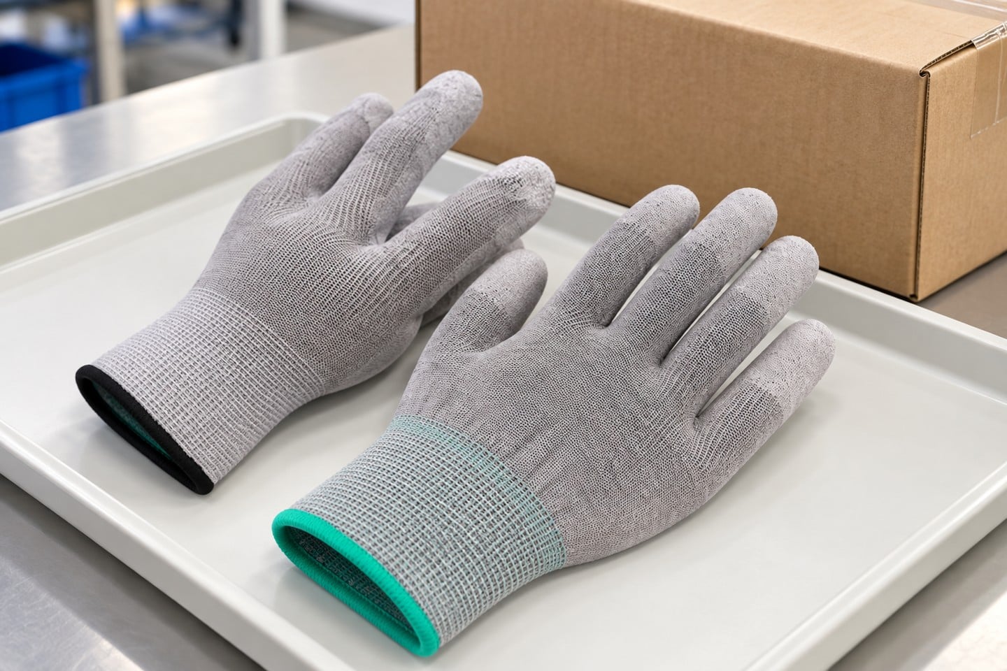Grey knit glove fingers and cuff on a receiving tray