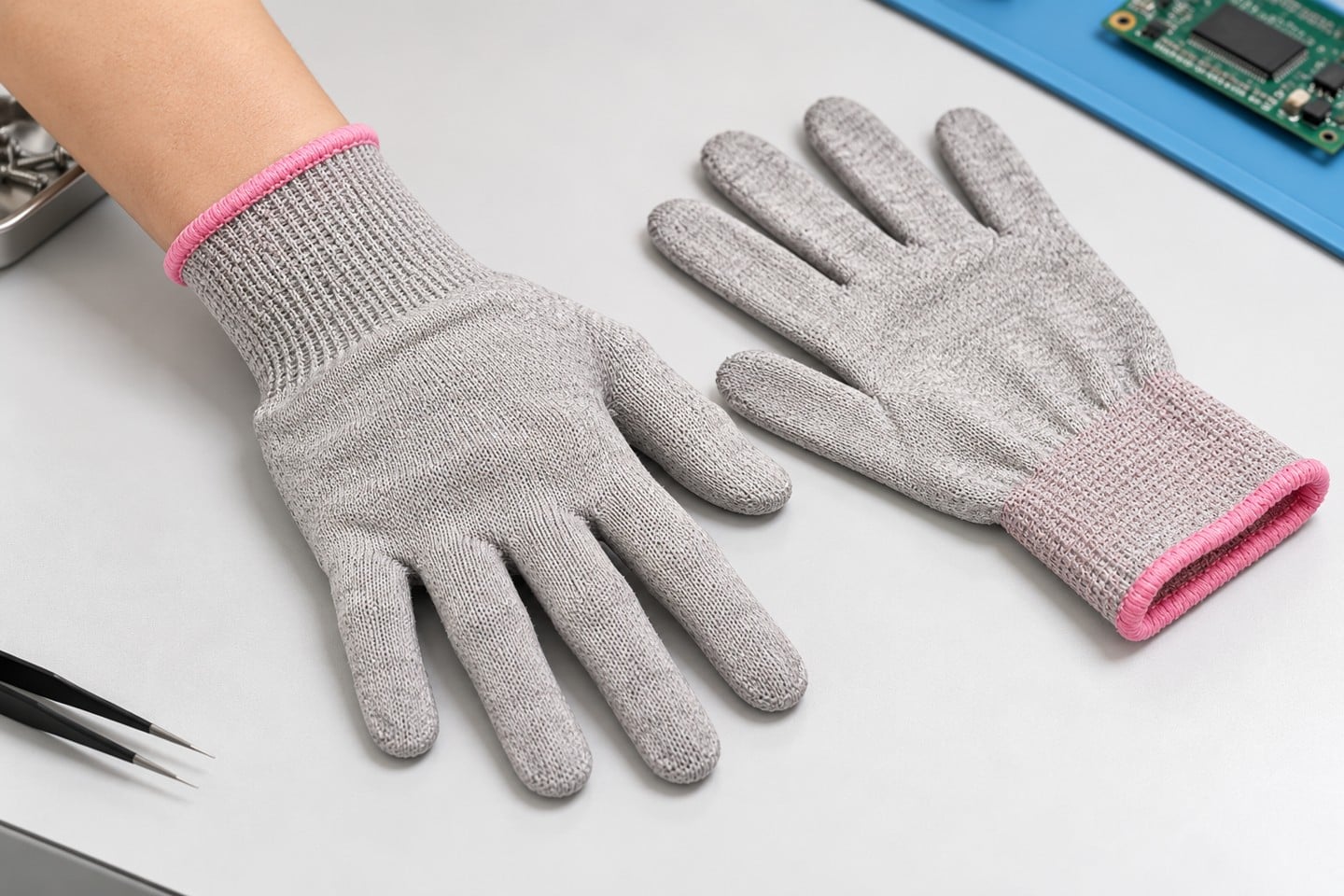 A gray knit SWESD glove worn for a fingertip and cuff fit check