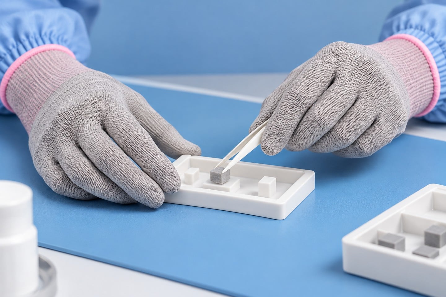 Gray knit SWESD gloves used in an inert sample placement exercise