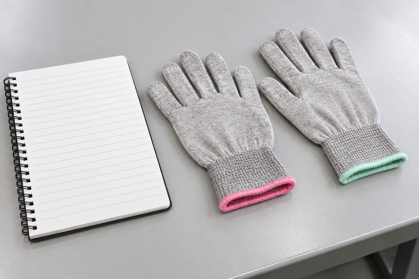 SWESD gray knit gloves with pink and green cuff trim beside an inspection notebook