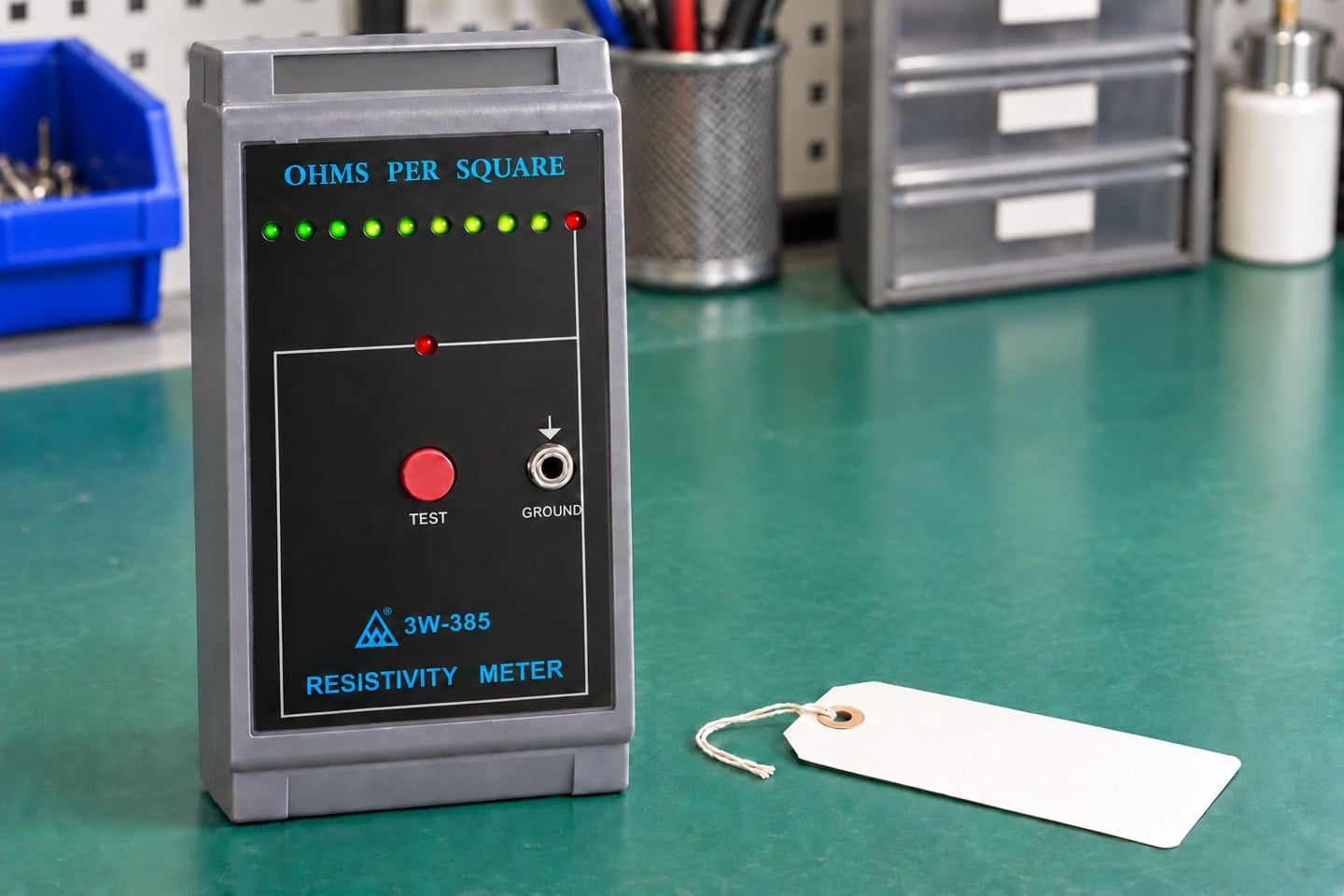 Unconnected SWESD resistance tester beside a blank inspection tag