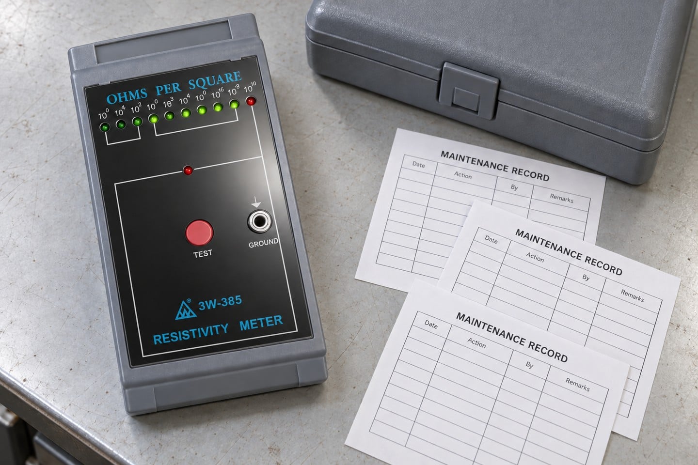 SWESD resistance tester beside maintenance and retest records