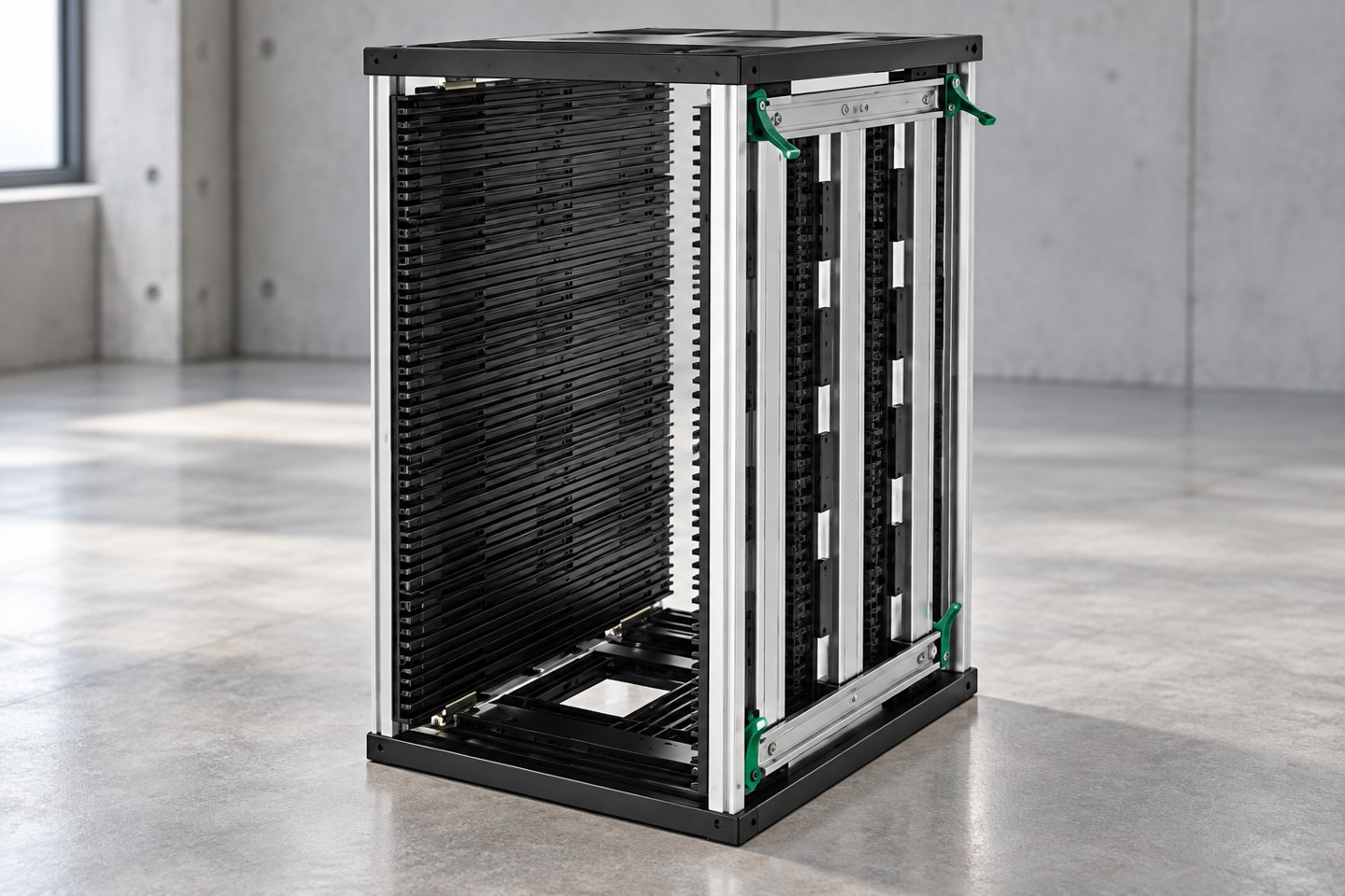 Groove panel and frame of a PCB magazine rack
