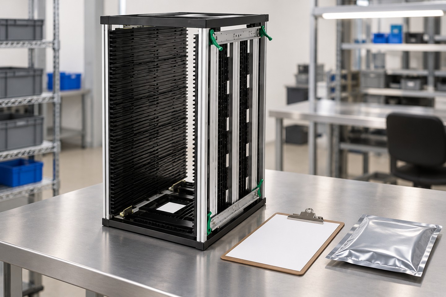 A magazine rack awaiting inspection release