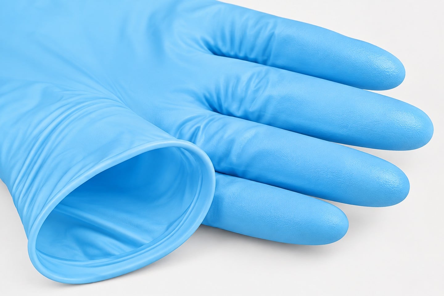 Blue disposable glove fingertip and rolled cuff detail