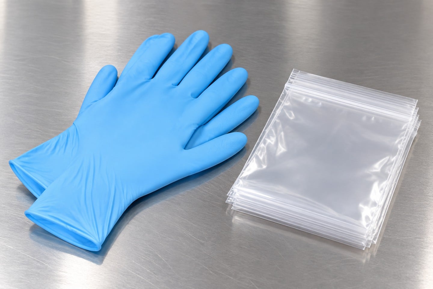 Blue nitrile gloves beside plain closed sample bags