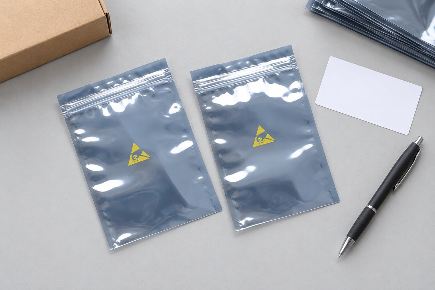 Two closed SWESD shielding bags arranged for an organized packing workflow