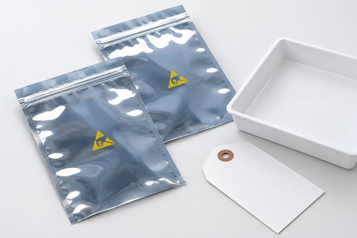 SWESD shielding bag beside an empty sorting tray and blank inspection tag