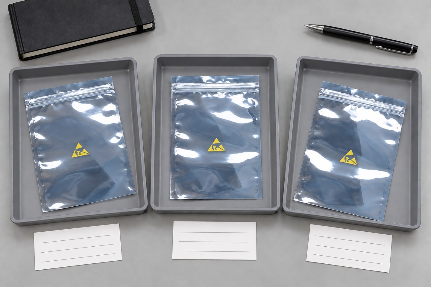 SWESD shielding bags separated on evidence-preservation trays