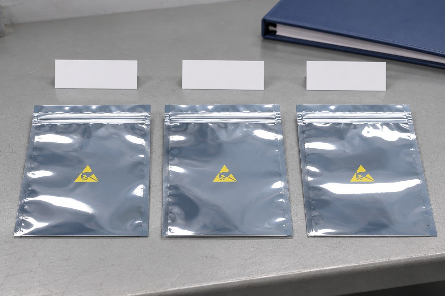 Separate SWESD shielding bag samples beside blank identity cards