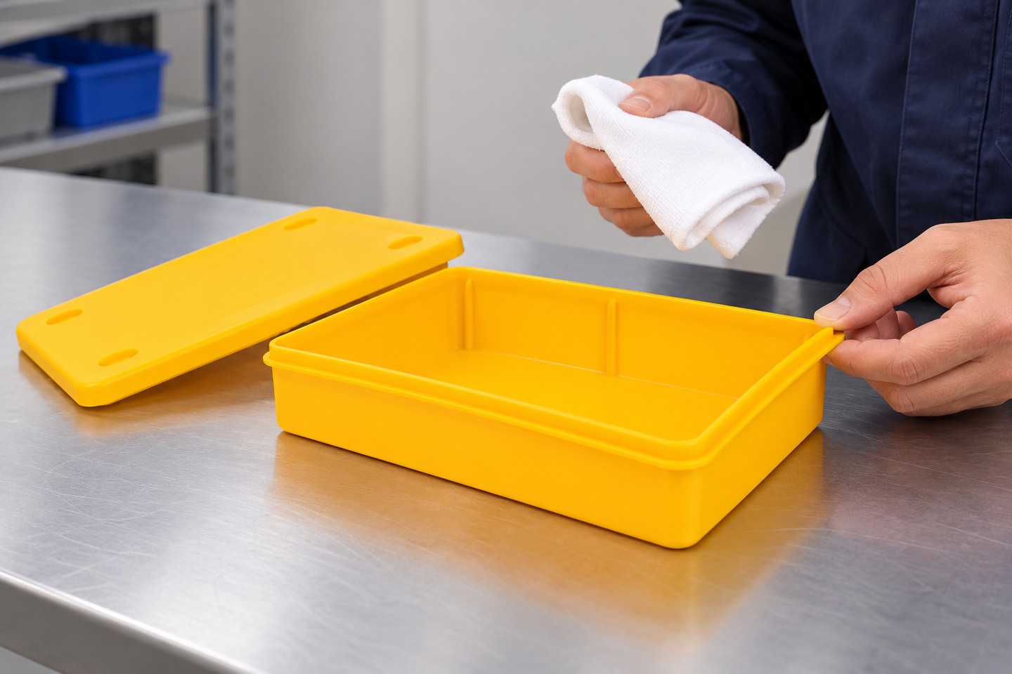 Yellow SWESD component bin rim and lid prepared for condition review