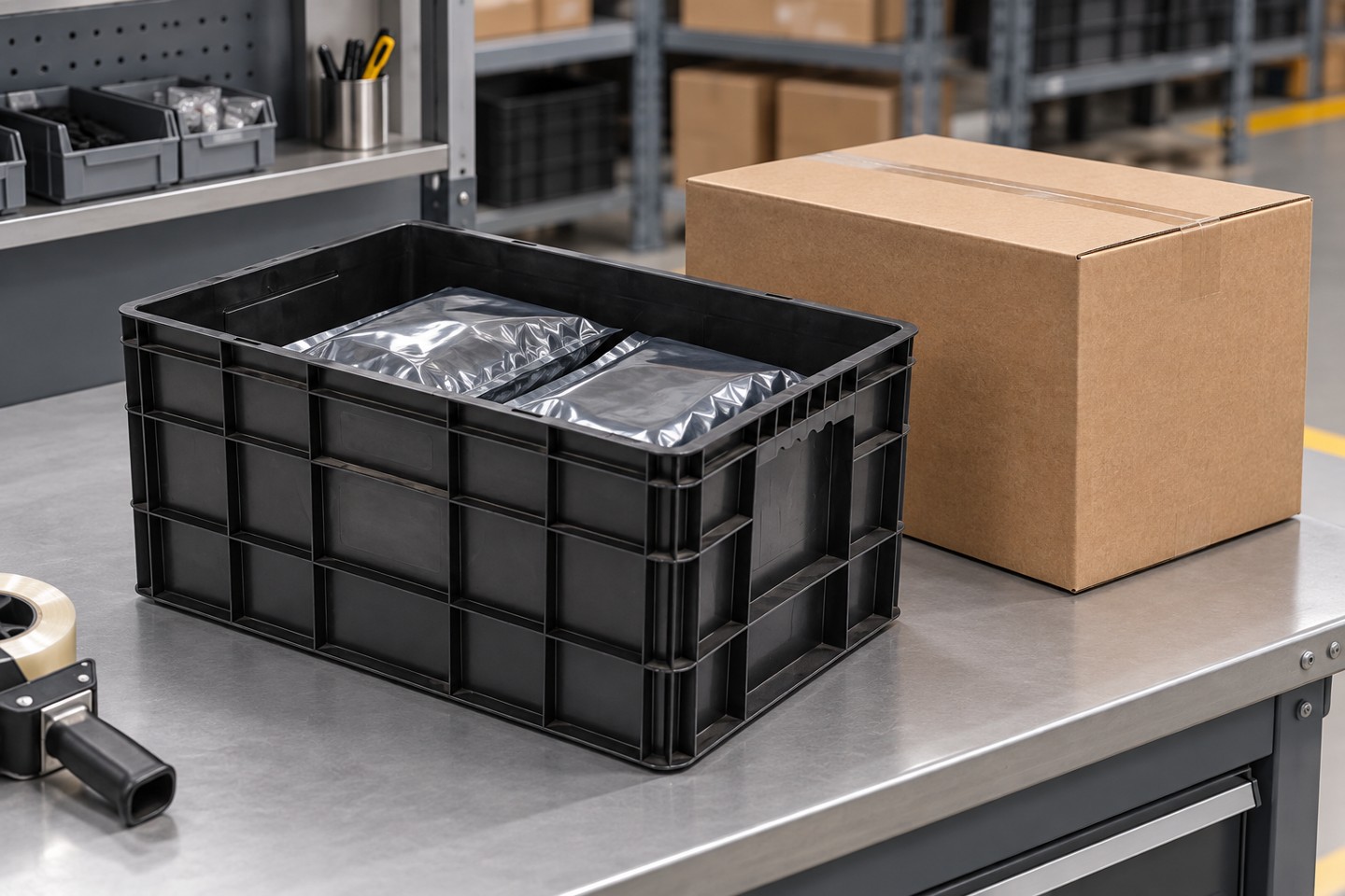 Protected service parts in a tote beside shipping packaging