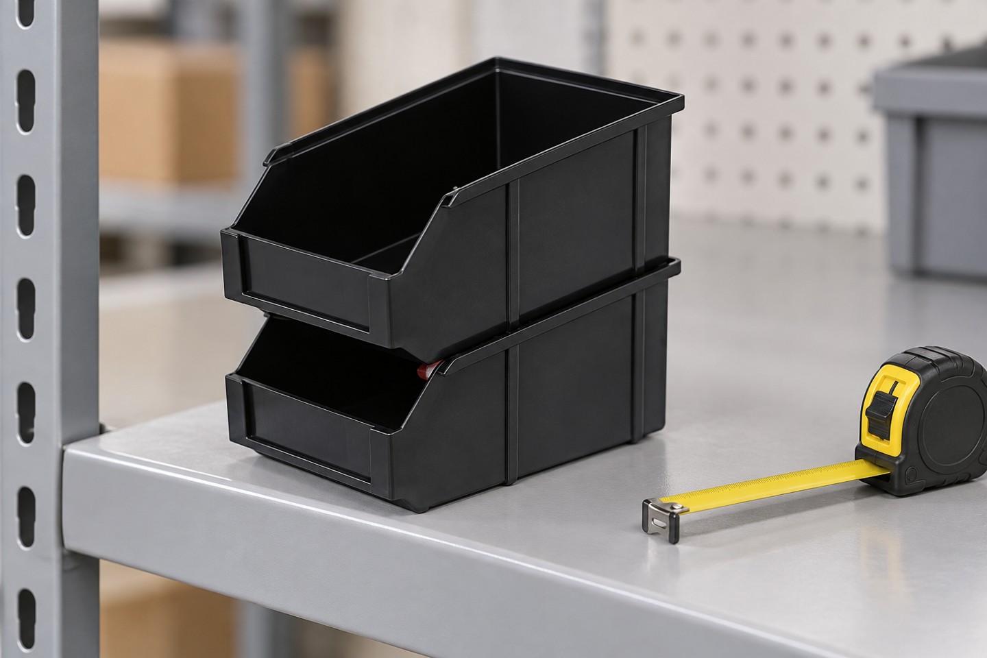 Stacked open-front bins with their base supported by a shelf
