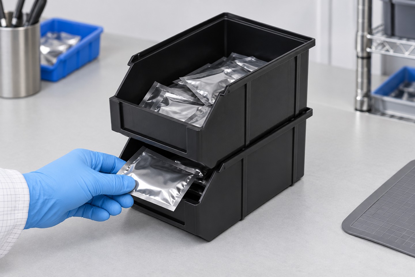 A protected component package being picked through a bin opening
