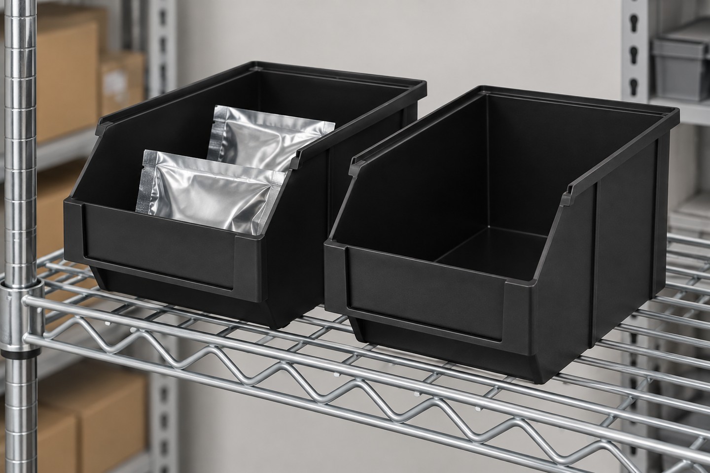 Open-front ESD bins supported on a wire shelf
