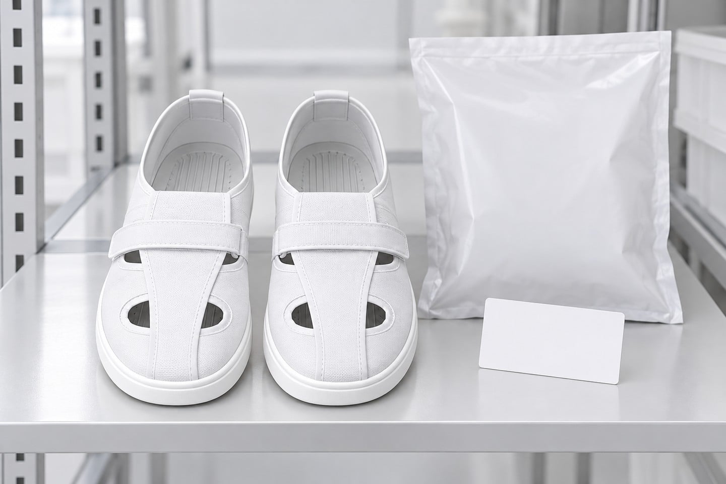 White four-hole shoes beside a closed review specimen bag