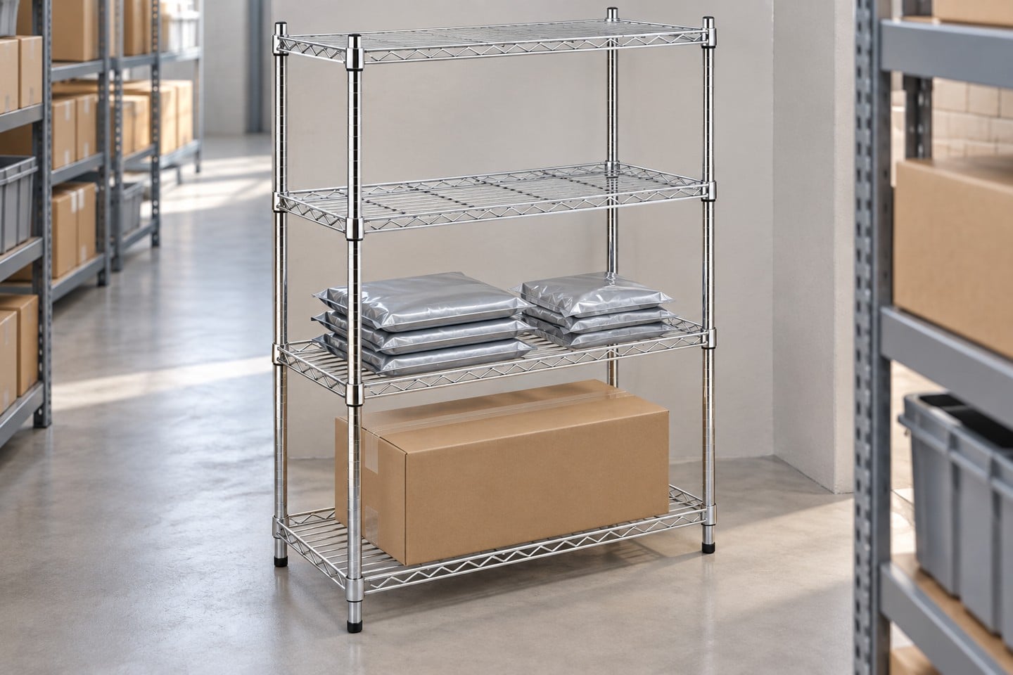 Open shelving with individually packaged stock
