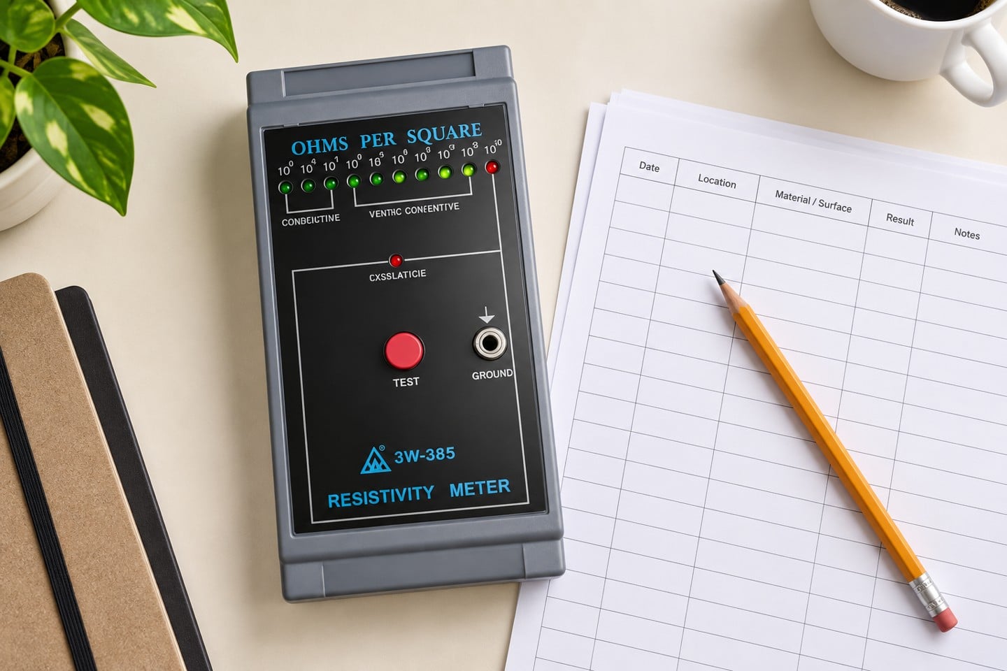 SWESD tester beside blank inspection record sheets and a pencil