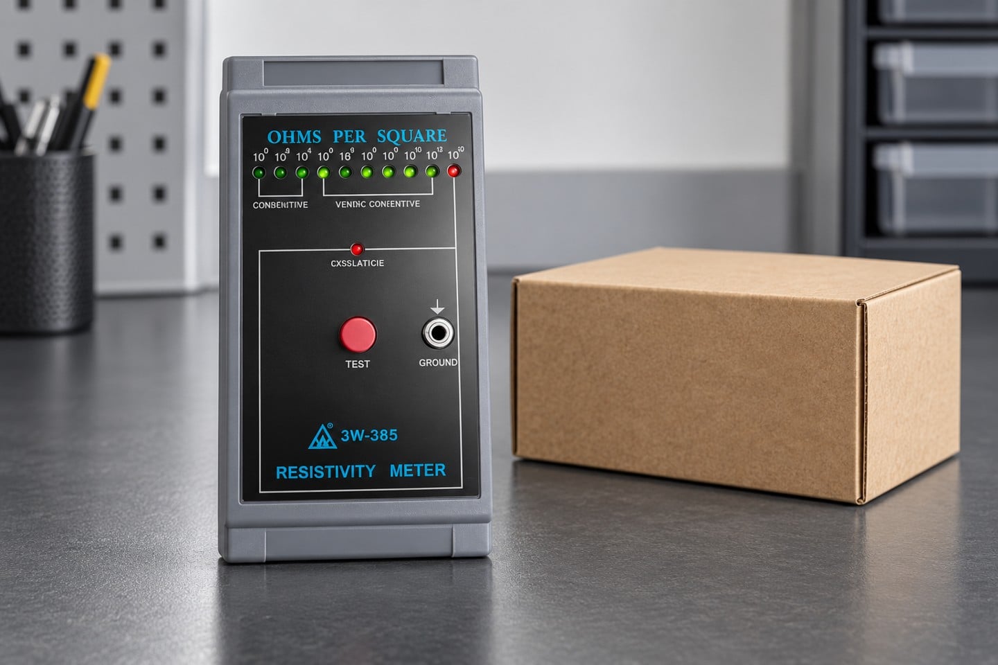 SWESD tester beside a closed sample box on an inspection bench