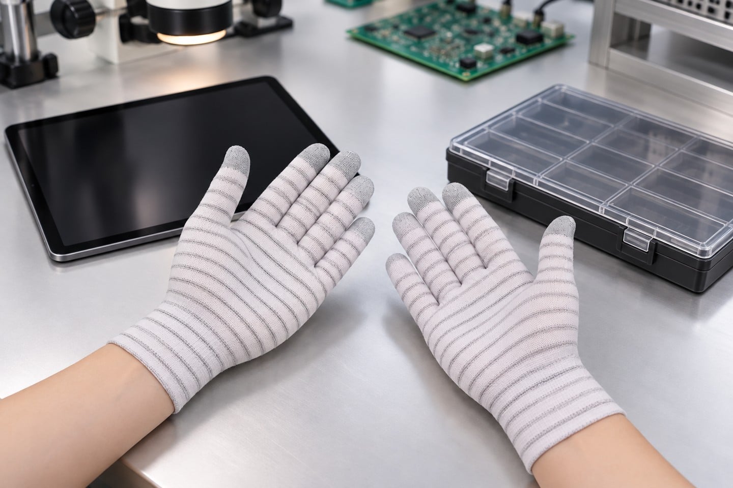Striped knit gloves and a blank tablet in an illustrative work area