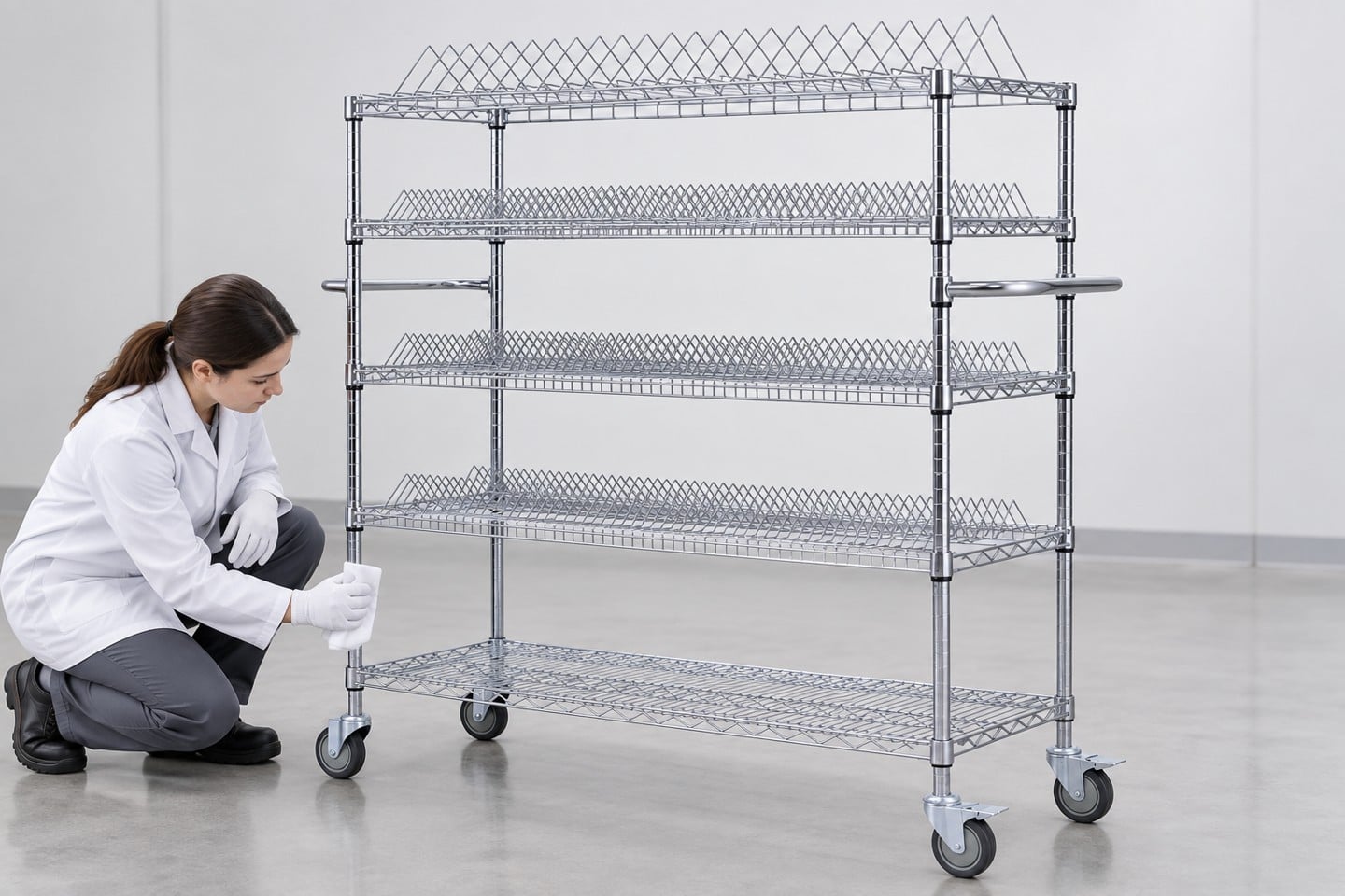 Dry cloth held beside the trolley lower frame during cleaning-method review