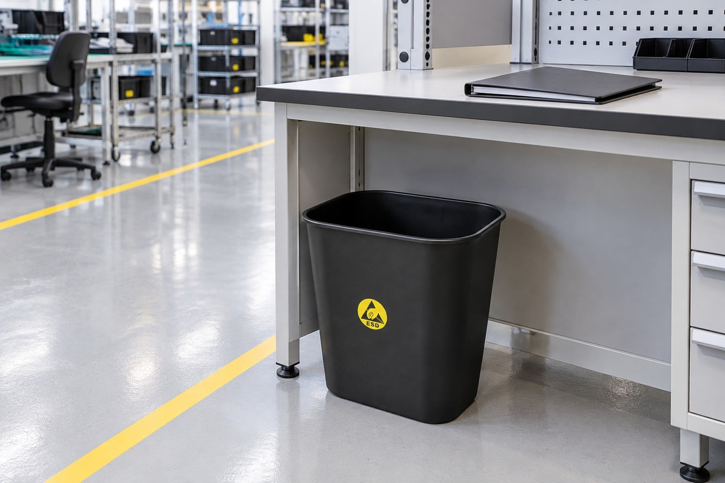 SWESD black ESD waste bin at a designated clear collection spot
