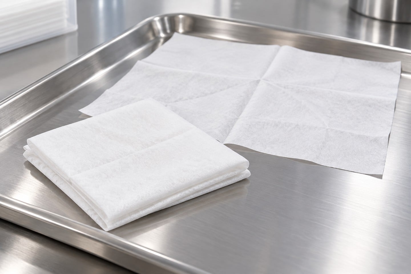 Folded SWESD white wipe on a stainless inspection tray