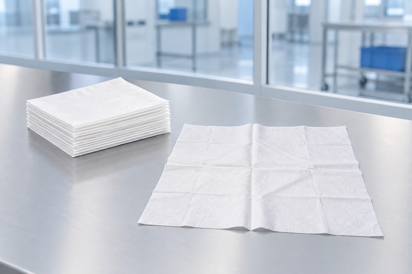 SWESD square white precision wipes arranged on a clean inspection workbench