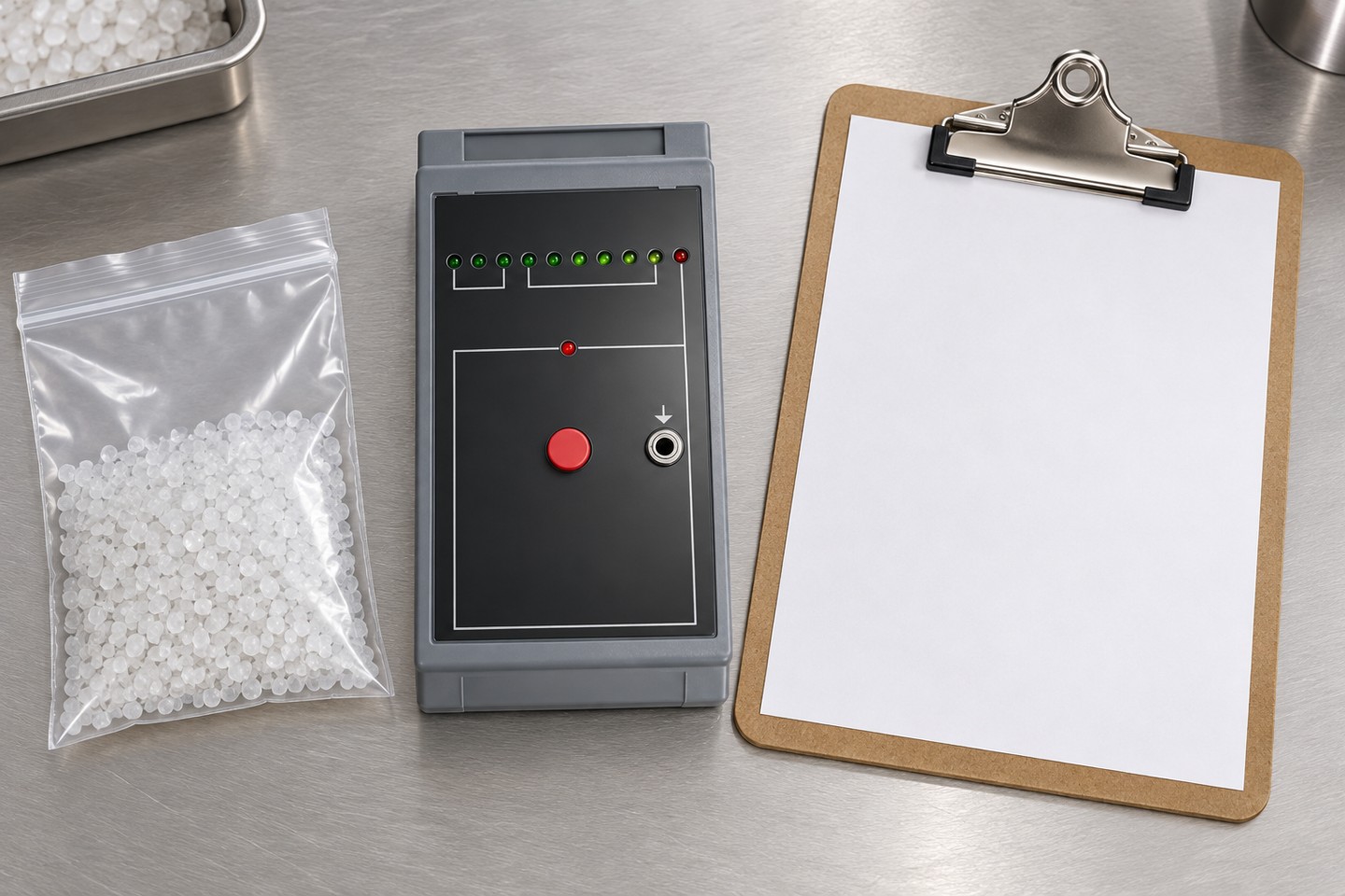 A surface tester with sample material and a blank inspection record