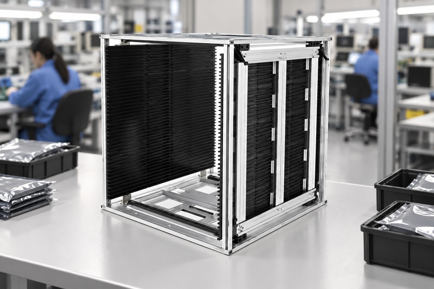 A PCB magazine rack at a production transfer point