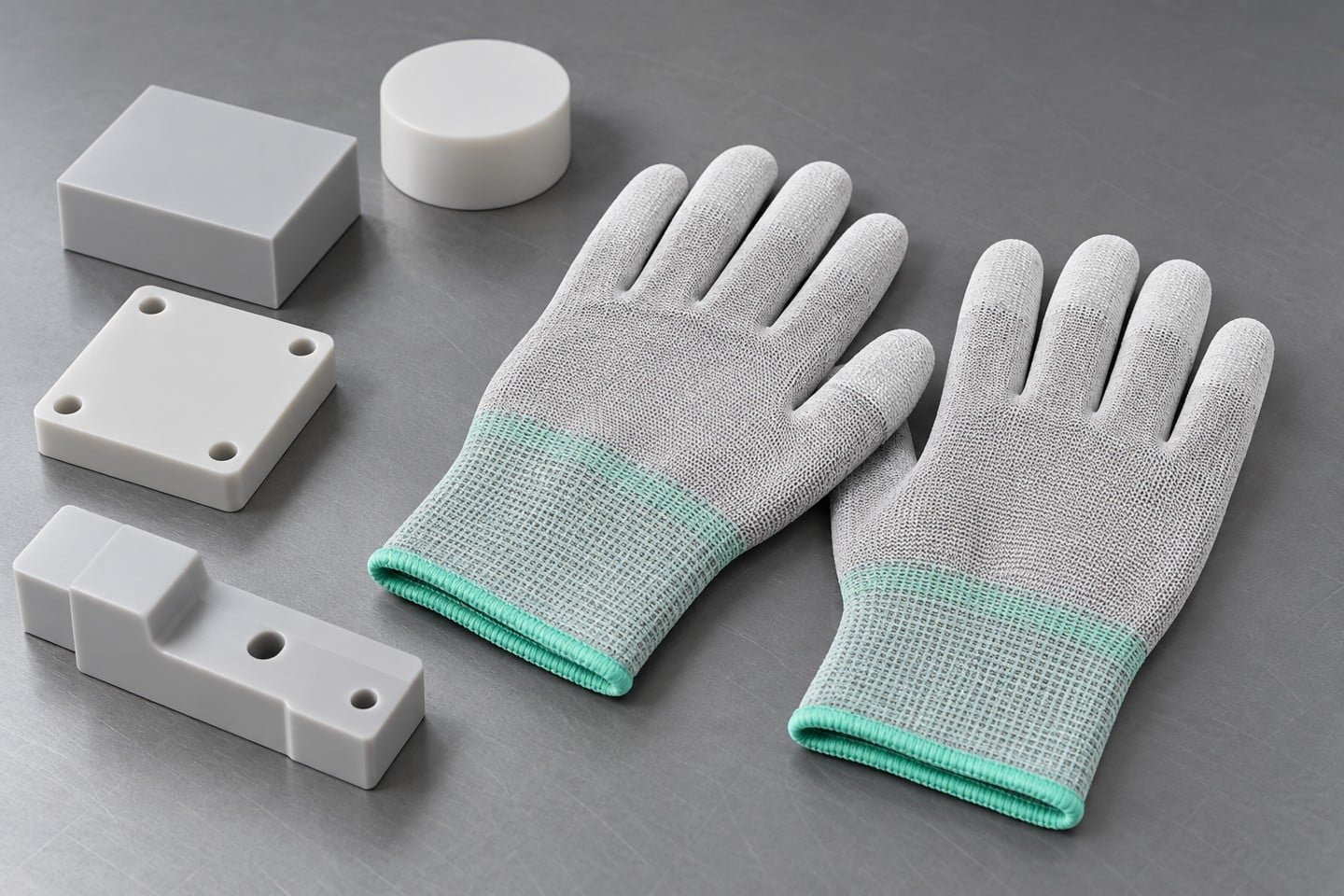 Gray fingertip coated gloves beside blank dummy component blocks