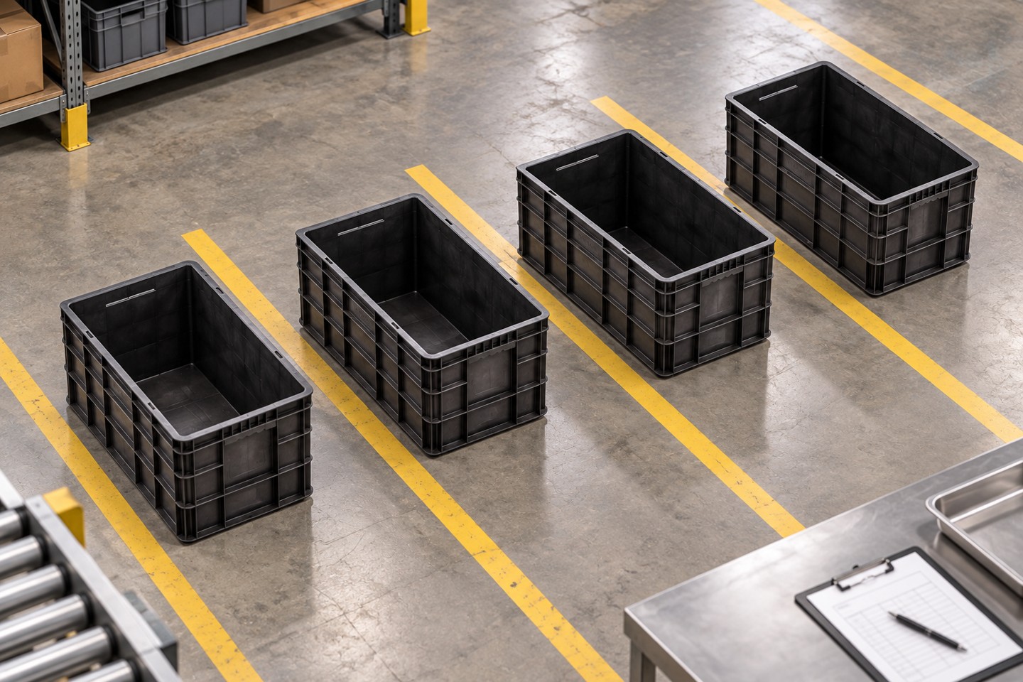 Returnable totes separated for inspection