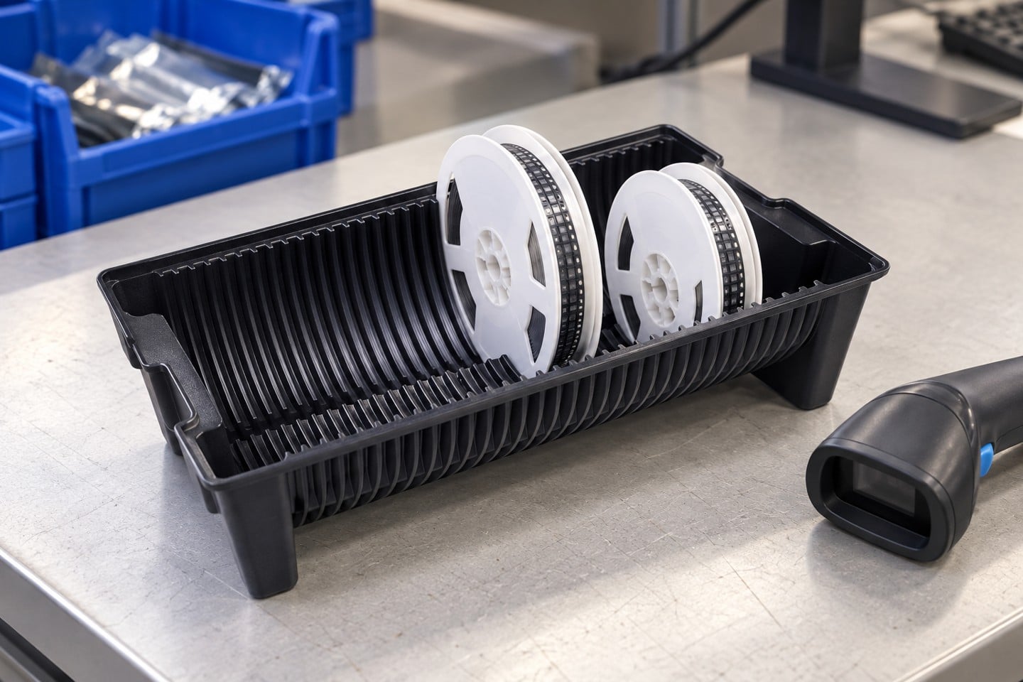 Reels in a black carrier beside a handheld scanner