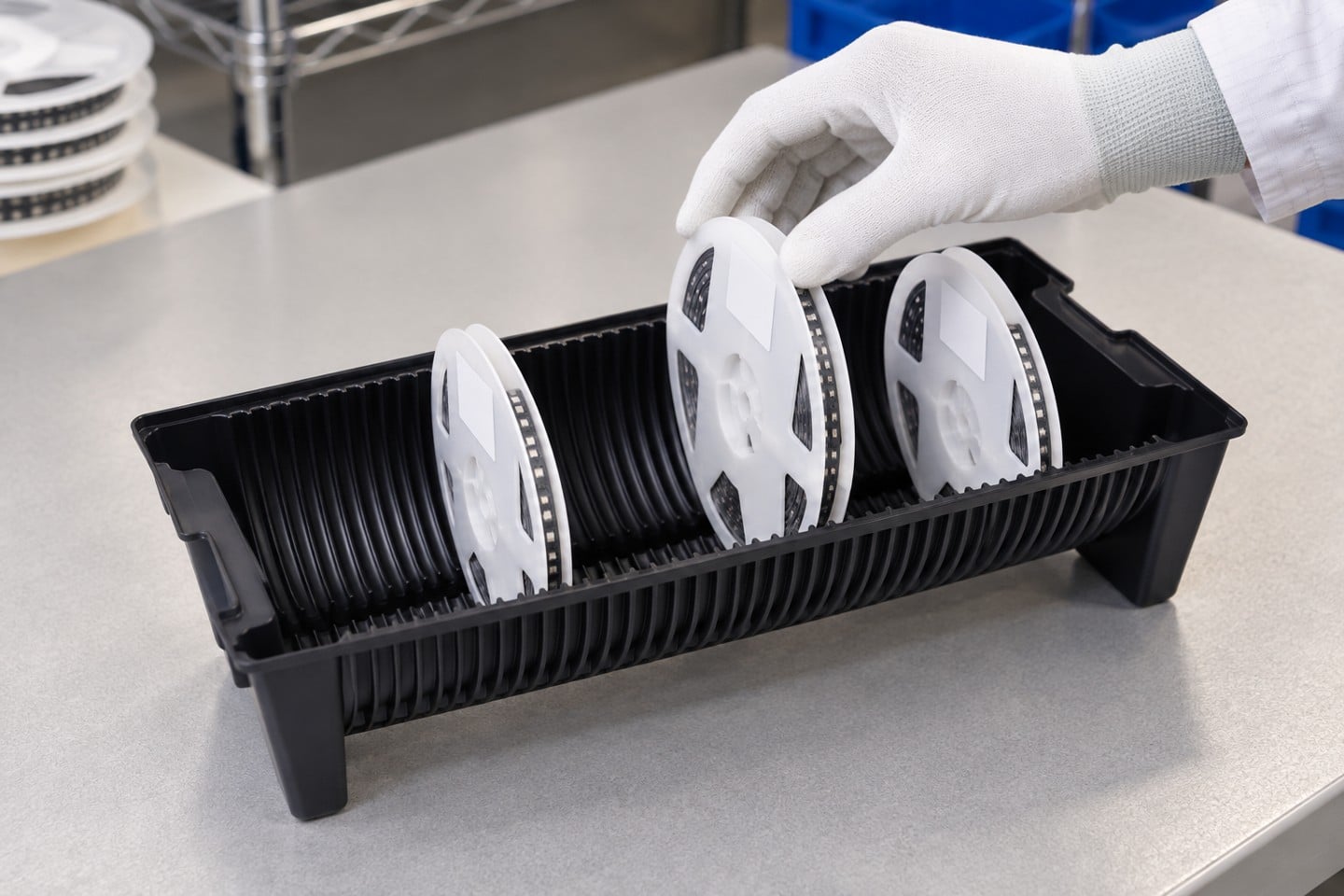 Gloved hand selecting a reel from a black grooved carrier