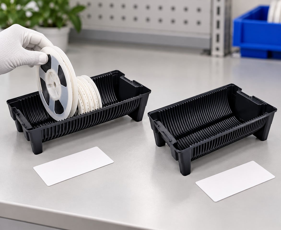 Gloved hand lifting a reel from one black ribbed tray beside an empty matching tray