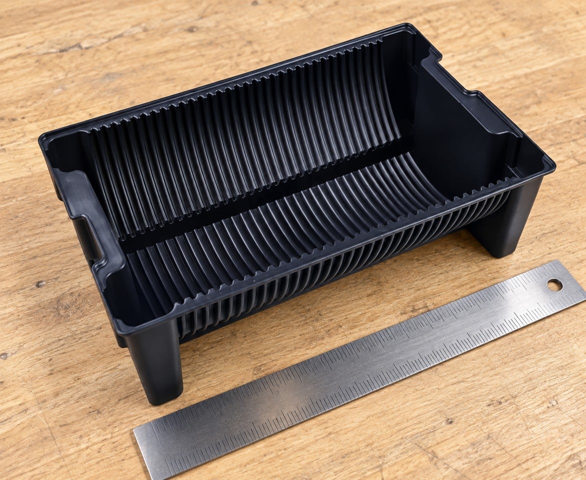 Empty black grooved reel carrier beside a ruler