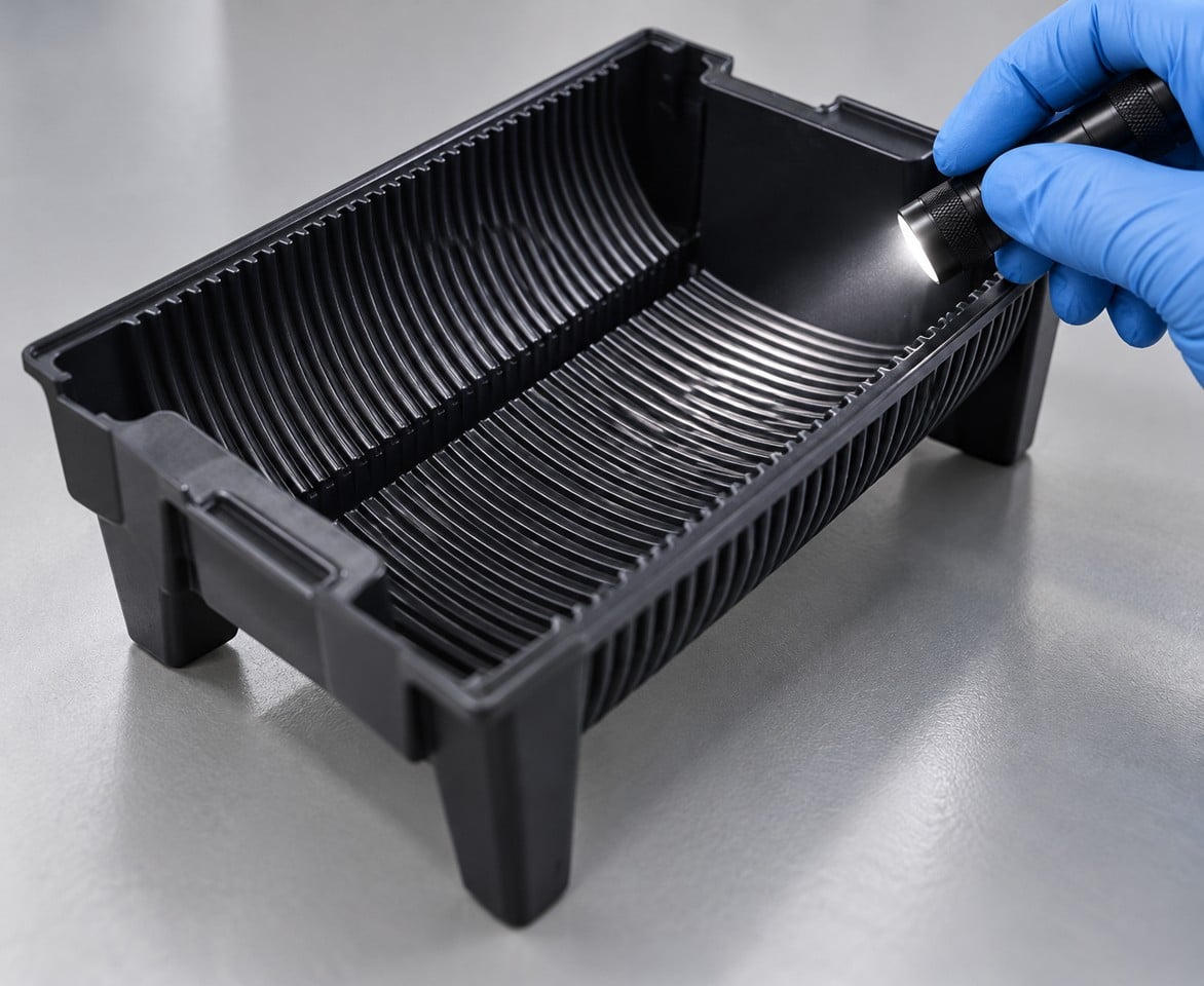 Inspector illuminating the ribs and contact surfaces of an empty reel tray