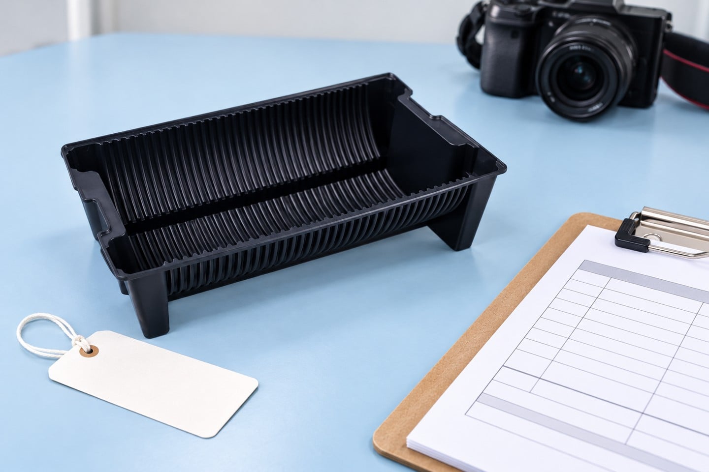 Reel tray feet and corners beside a blank hold card and inspection record