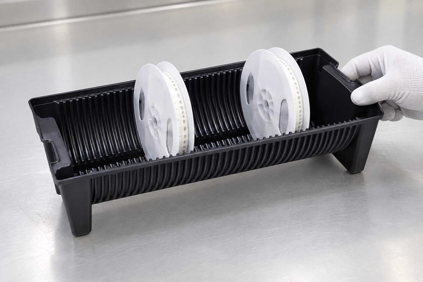 Gloved hand holding the end wall of a loaded black reel carrier