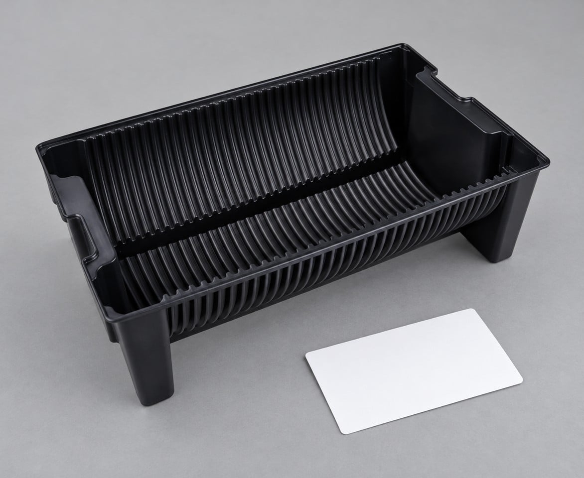 Reel tray support feet and ribbed cradle on a flat inspection surface