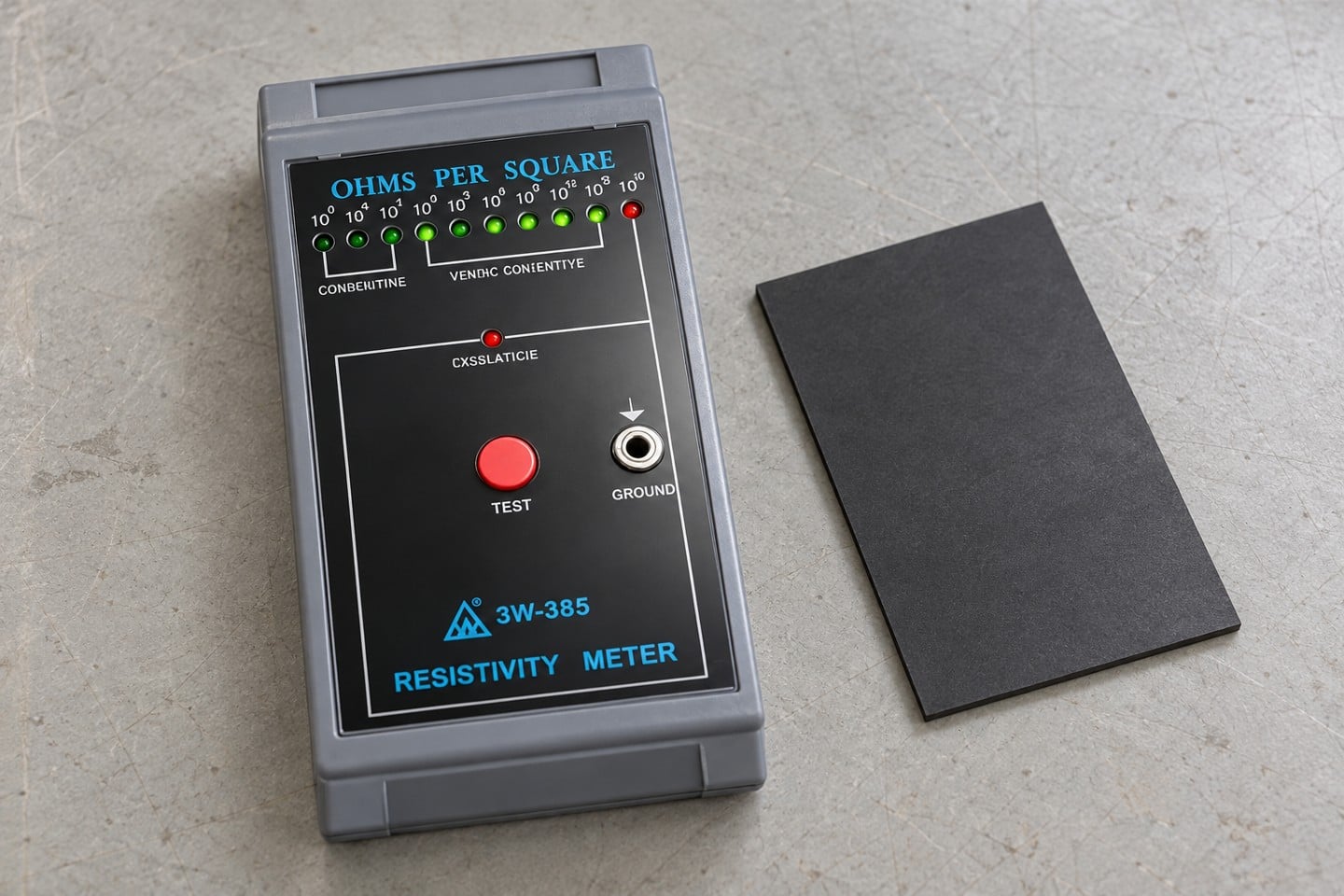 SWESD tester beside an unmarked flat material coupon
