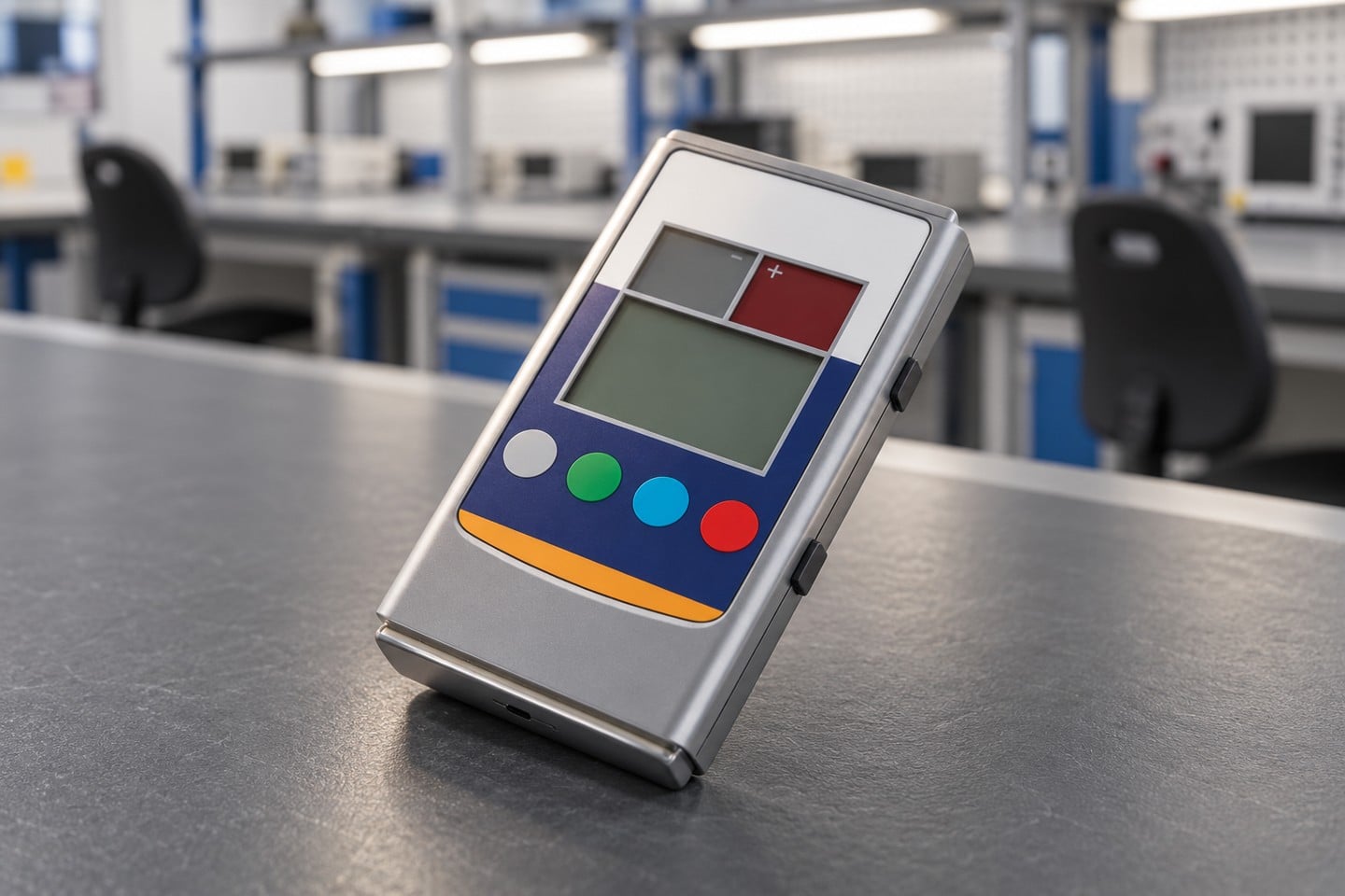 SWESD handheld field meter on an empty electronics workbench