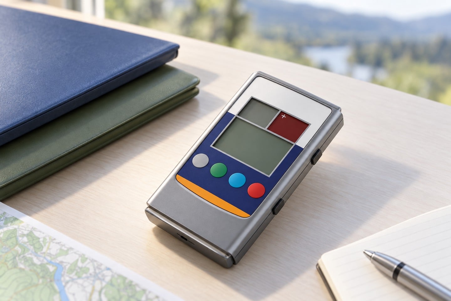 SWESD handheld meter beside folders for monitoring deployment planning