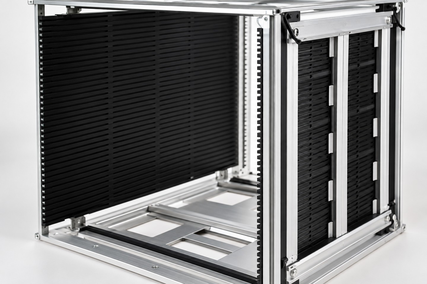 Groove panel and support rails inside a PCB magazine rack