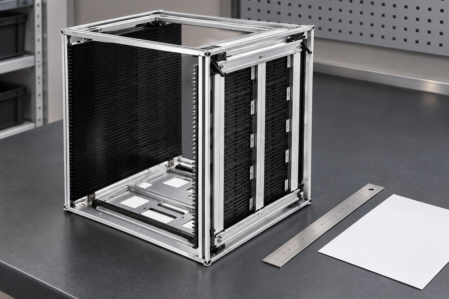 Magazine rack during dimensional and setup review